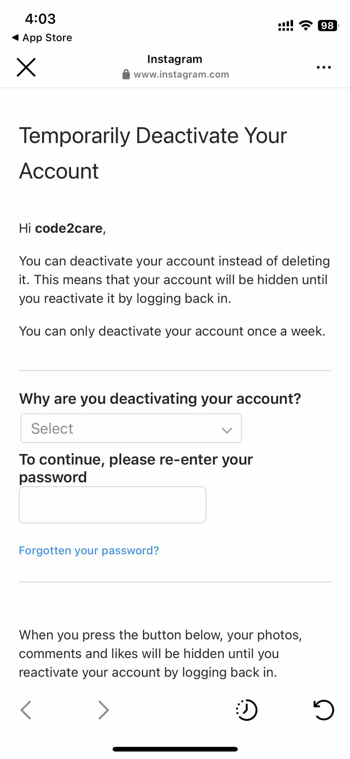 Fill in the Instagram Account Deactivation form